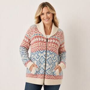 CAbi SZ XL Highlands Cardigan Fair Isle Zip Front Pockets Shawl Collar 3847